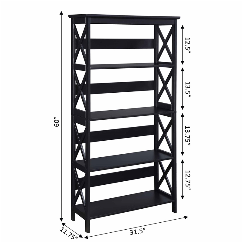 Pemberly Row Set of 2 5-Shelf Bookcases in Glossy Black Wood