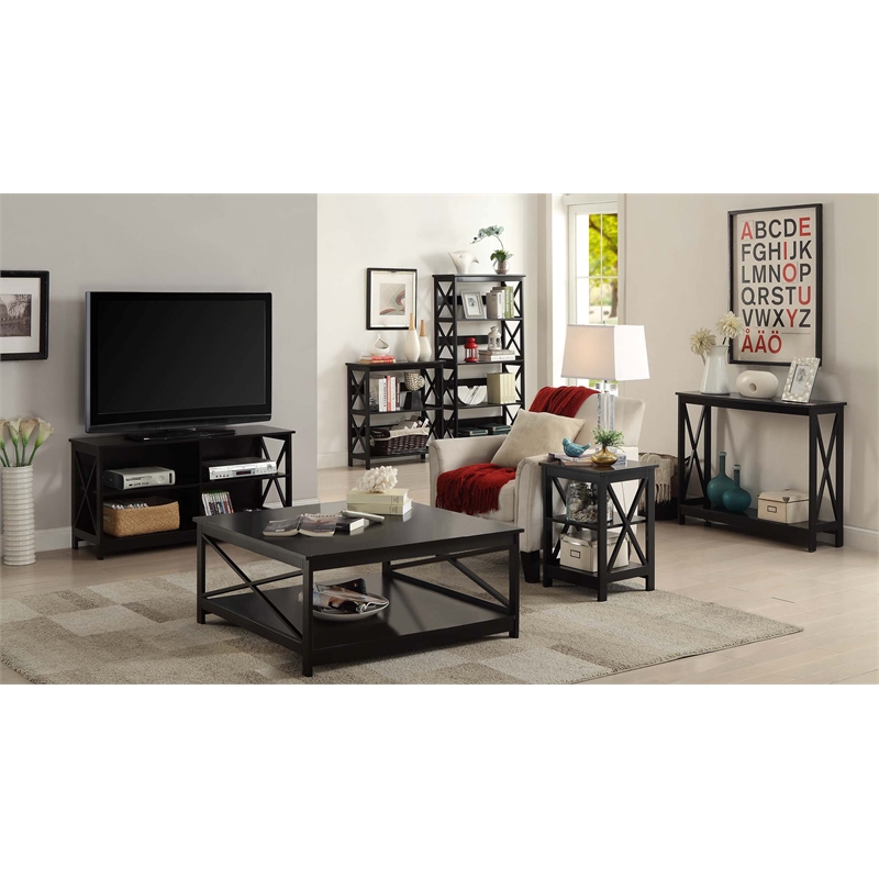 Pemberly Row Set of 2 5-Shelf Bookcases in Glossy Black Wood