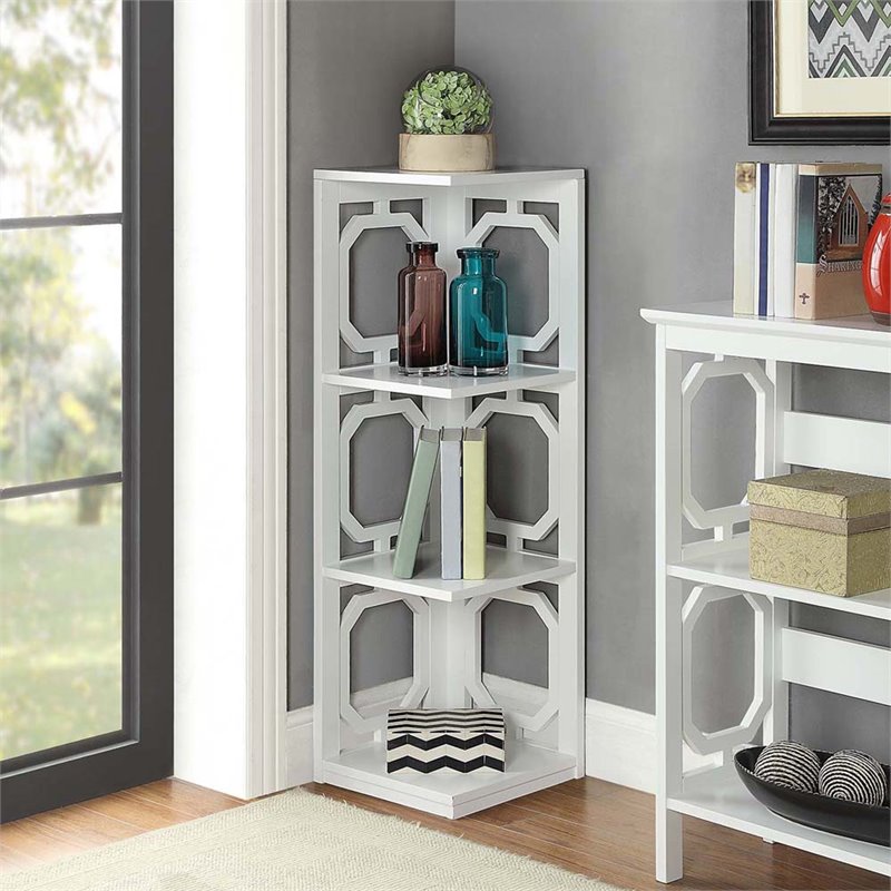 Pemberly Row Set of 2 Three-Shelf Corner Bookcases in White Wood
