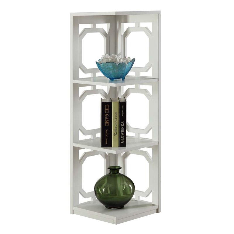 Pemberly Row Set of 2 Three-Shelf Corner Bookcases in White Wood