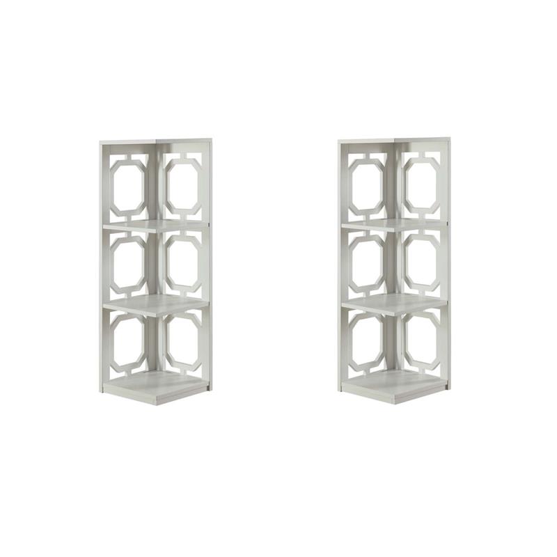 Pemberly Row Set of 2 Three-Shelf Corner Bookcases in White Wood