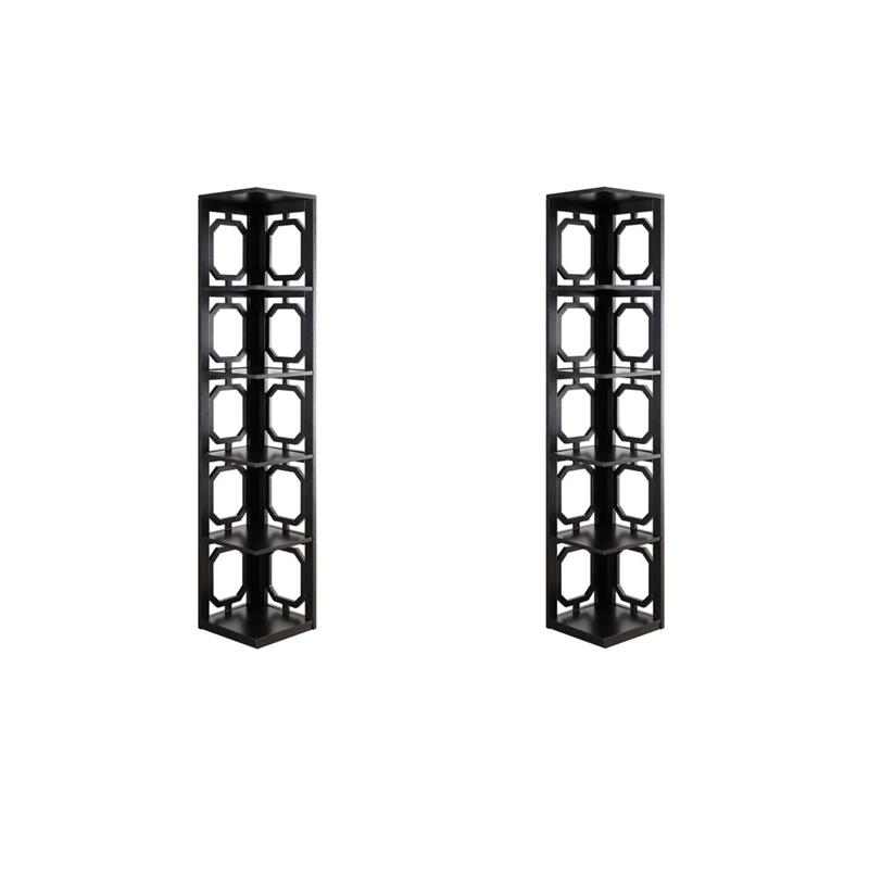 Pemberly Row Set of 2 Five-Shelf Corner Bookcases in Black Wood