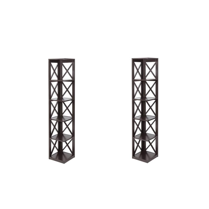 Pemberly Row Set of 2 Five-Tier Corner Bookcases in Espresso Wood