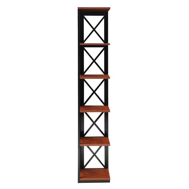 Pemberly Row Set of 2 Five-Tier Corner Bookcases in Cherry and Black Wood