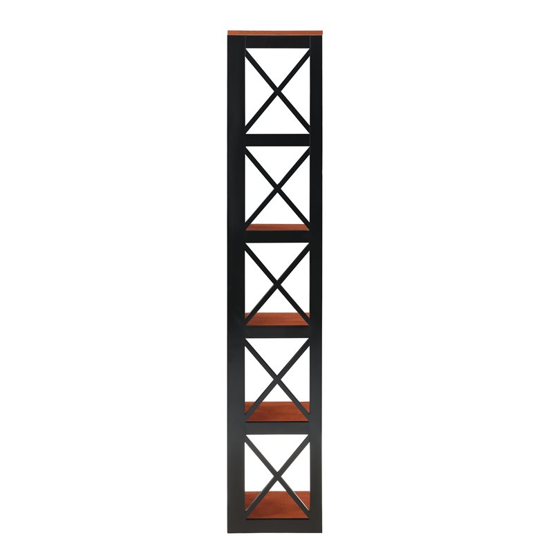 Pemberly Row Set of 2 Five-Tier Corner Bookcases in Cherry and Black Wood
