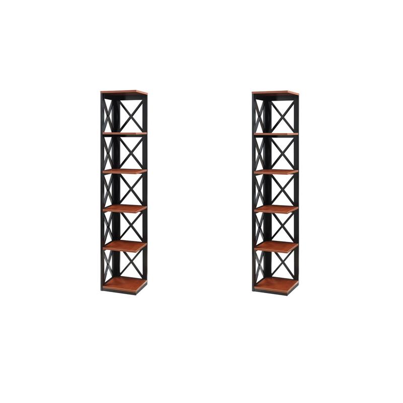 Pemberly Row Set of 2 Five-Tier Corner Bookcases in Cherry and Black Wood