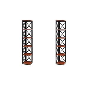 Pemberly Row Set of 2 Five-Tier Corner Bookcases in Cherry and Black Wood