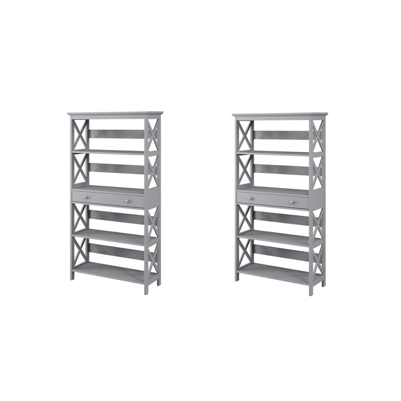 Pemberly Row Set of 2 Five-Tier Bookcases with Drawer in Gray Wood