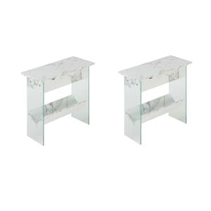 Pemberly Row Set of 2 Flip Top End Tables in White Faux Marble w/ Clear Glass