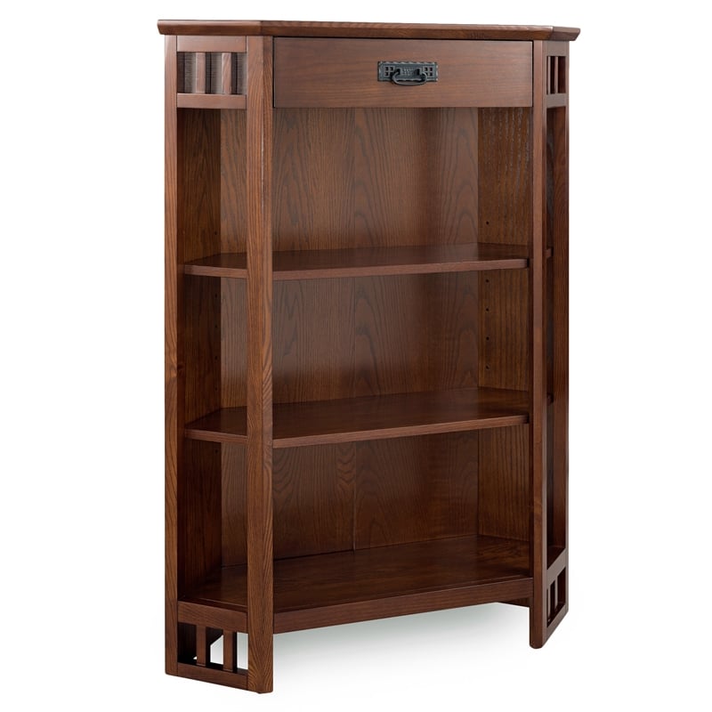 Pemberly Row Set of 2 Contemporary 3-Shelf Corner Bookcases in Oak