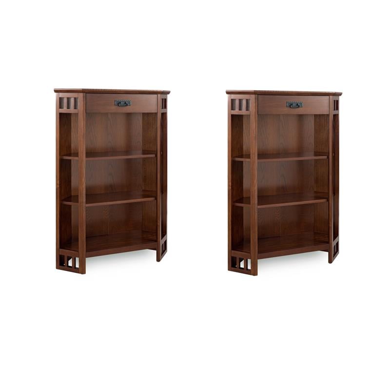 Pemberly Row Set of 2 Contemporary 3-Shelf Corner Bookcases in Oak