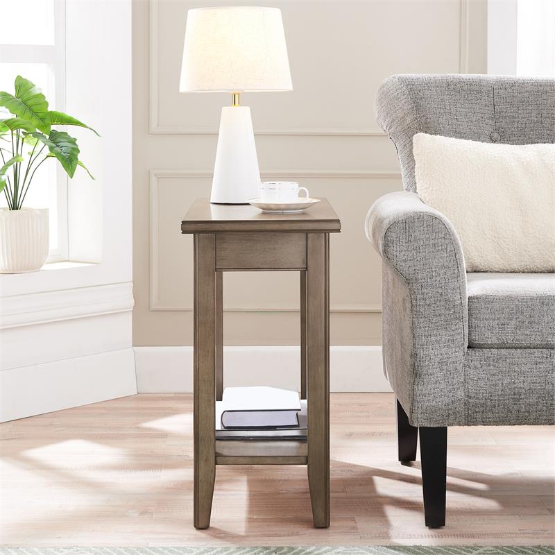 Pemberly Row Set of 2 Solid Wood Narrow End Tables with Shelf in Smoke Gray