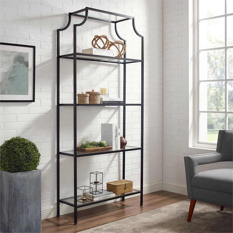 Pemberly Row Set of 2 Glass Metal Etagere Bookcases in Oil Rubbed Bronze