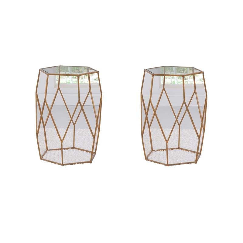 Pemberly Row Set of 2 Hexagonal Clear Glass and Metal Chairside End Tables