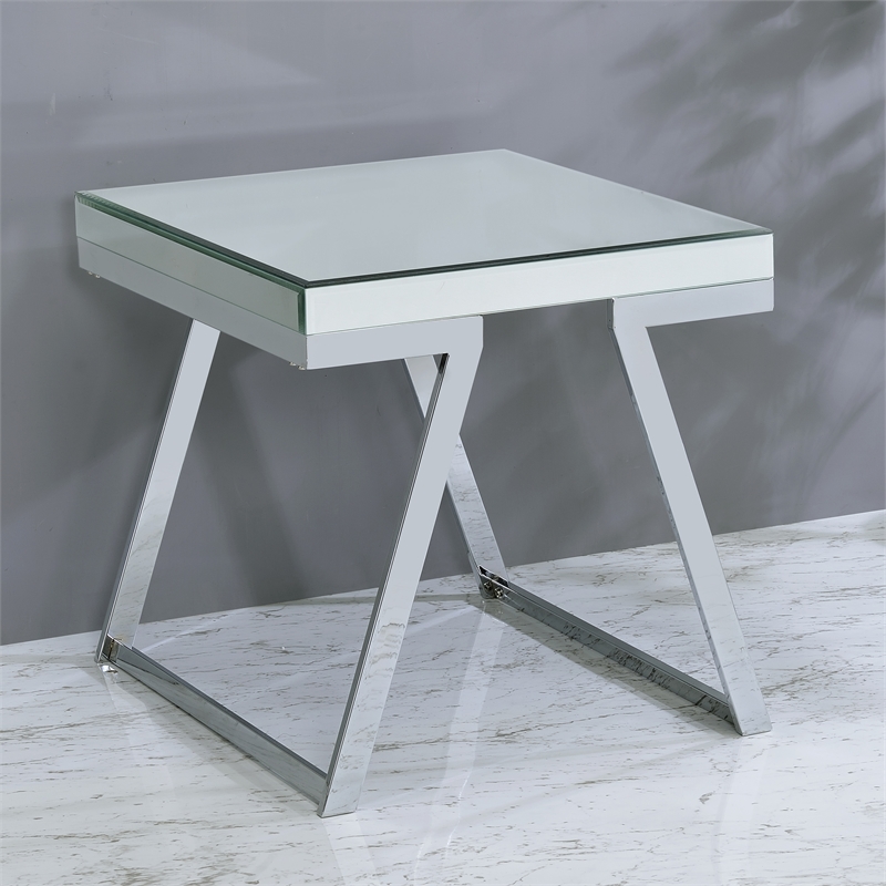 Pemberly Row Set of 2 Mirrored Glass and Chrome Metal Square End Tables