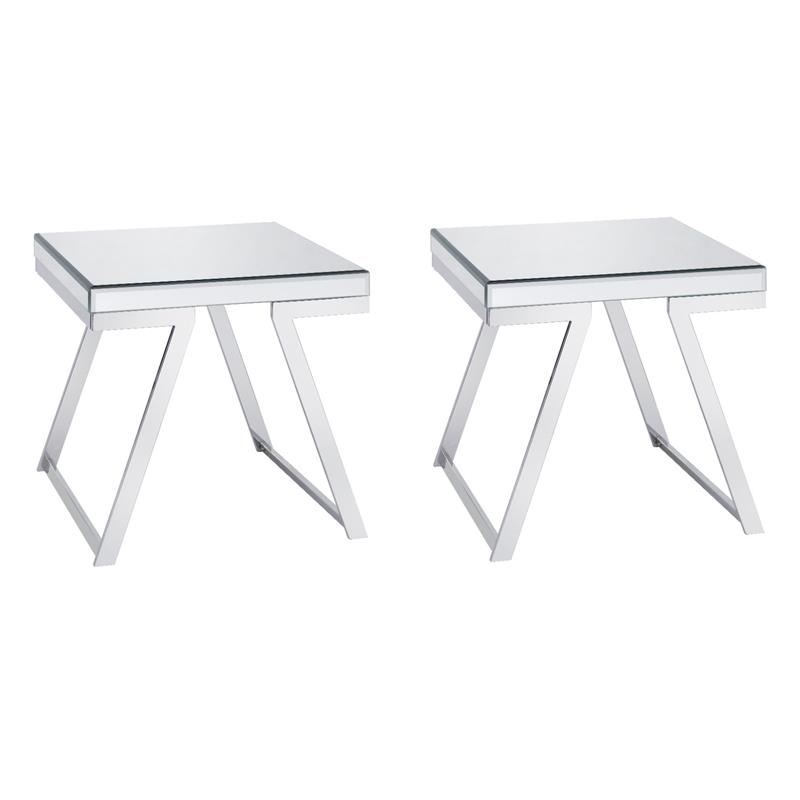 Pemberly Row Set of 2 Mirrored Glass and Chrome Metal Square End Tables