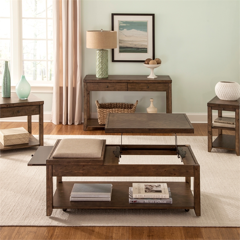 Pemberly Row Set of 2 Contemporary End Tables in Medium Brown Finish