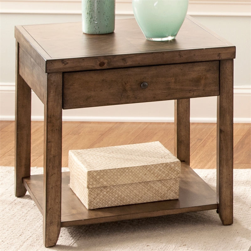 Pemberly Row Set of 2 Contemporary End Tables in Medium Brown Finish