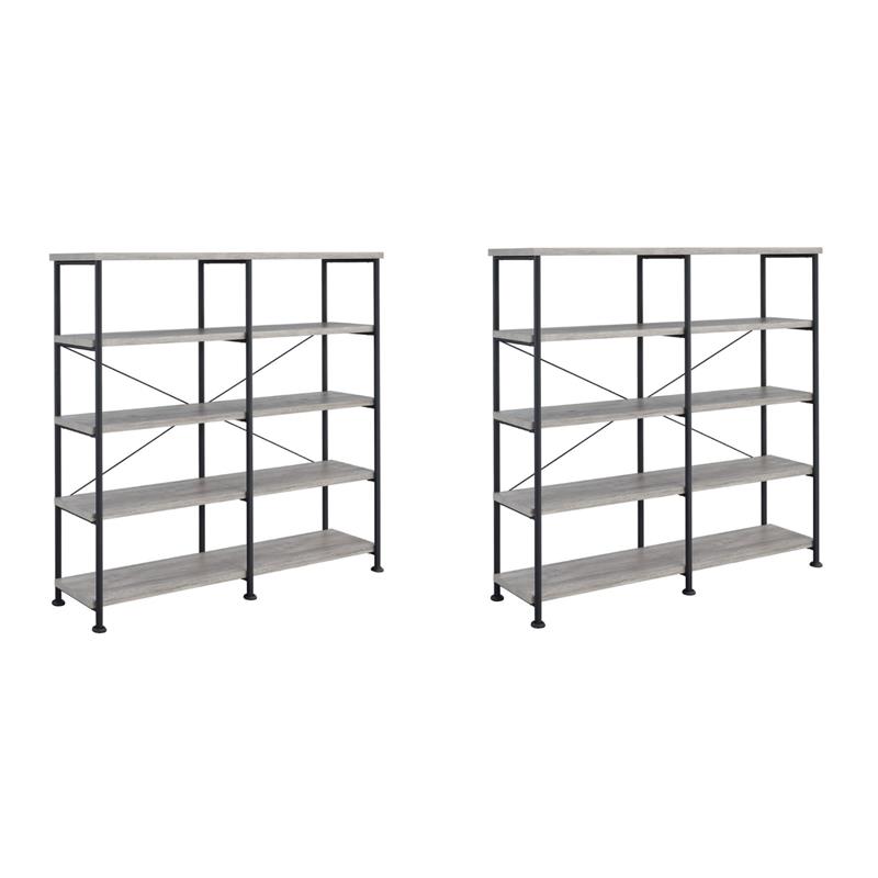 Pemberly Row Set of 2 4-Shelf Open Farmhouse Wood Bookcases in Gray