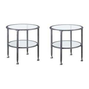 Pemberly Row Set of 2 Round Glass Top Metal End Tables in Silver