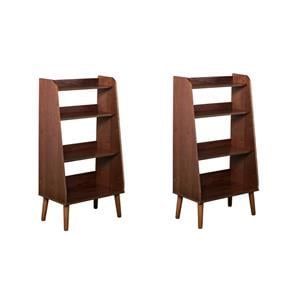 Pemberly Row Set of 2 4-Shelf Mid Century Modern Wood Bookcases in Walnut