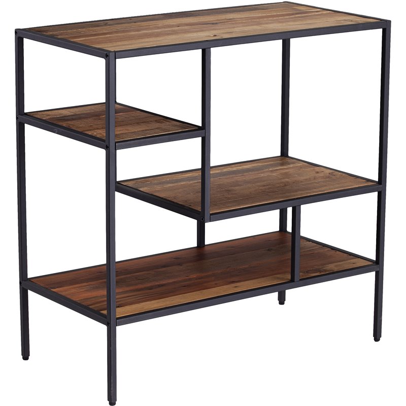 Pemberly Row Set of 2 Wooden and Metal Bookcases in Natural and Gray