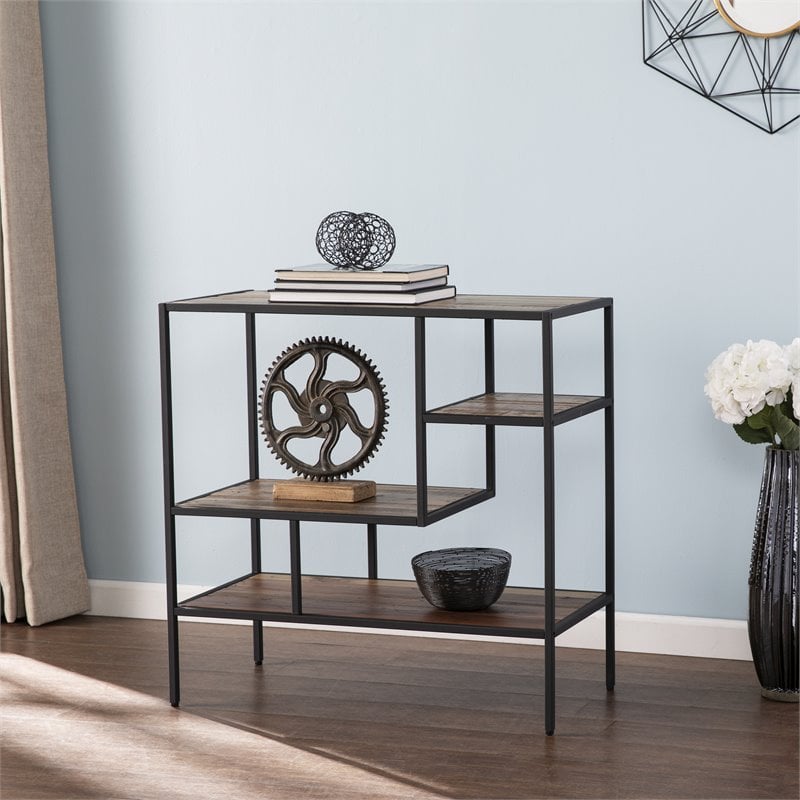 Pemberly Row Set of 2 Wooden and Metal Bookcases in Natural and Gray