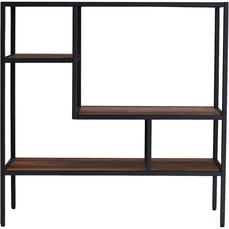Pemberly Row Set of 2 Wooden and Metal Bookcases in Natural and Gray