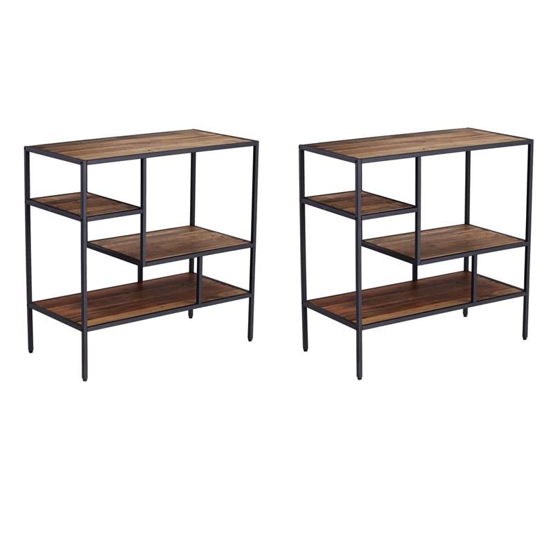 Pemberly Row Set of 2 Wooden and Metal Bookcases in Natural and Gray