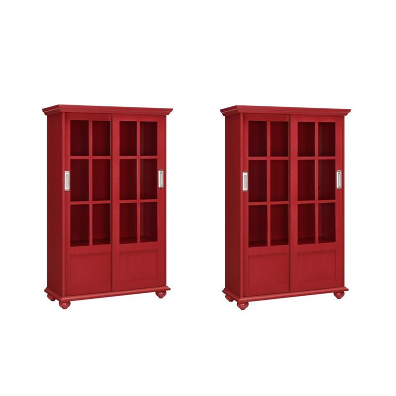 Pemberly Row Set of 2 4-Shelf Sliding Glass Door Bookcases in Red