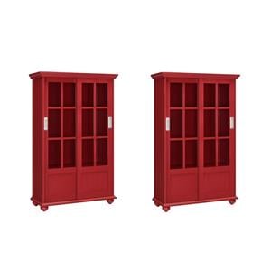 Pemberly Row Set of 2 4-Shelf Sliding Glass Door Bookcases in Red