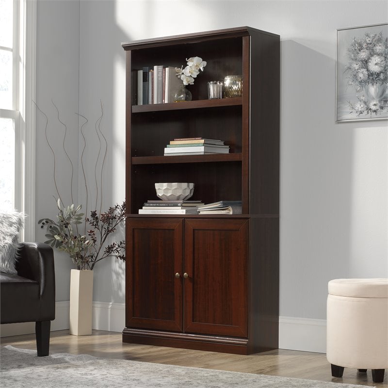 Pemberly Row Set of 2 Engineered Wood 3-Shelf Bookcases in Cherry