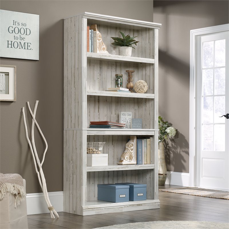 Pemberly Row Set of 2 Engineered Wood 5-Shelf Bookcases in White Plank