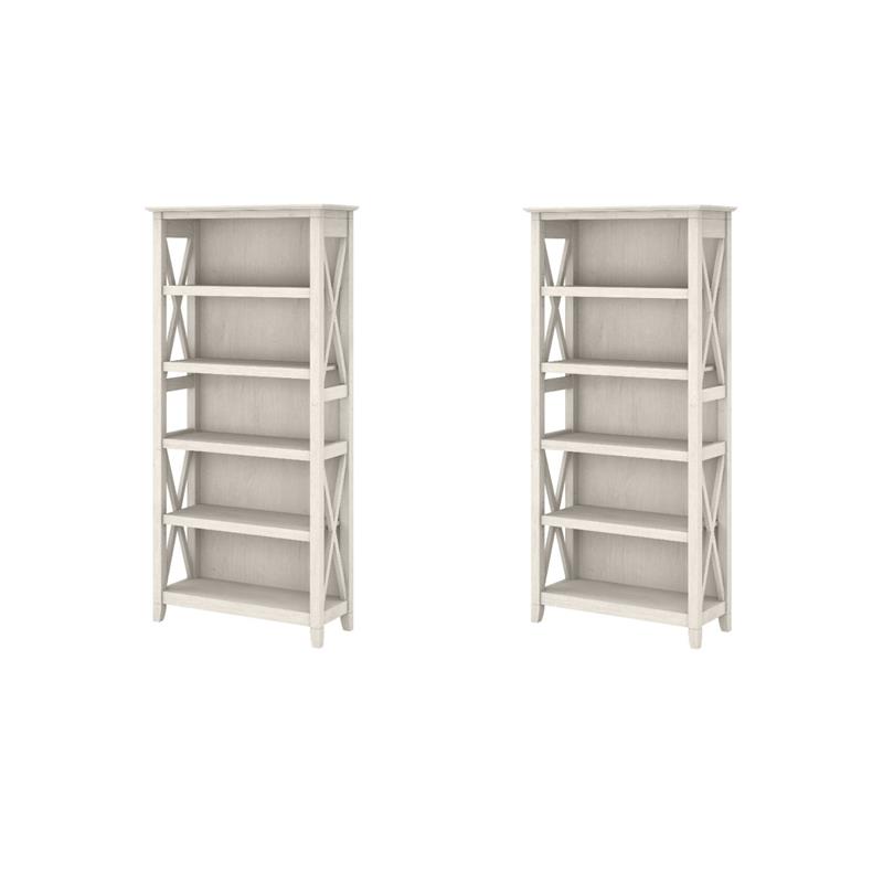 Pemberly Row Set of 2 Tall 5-Shelf Bookcases in Linen White Oak