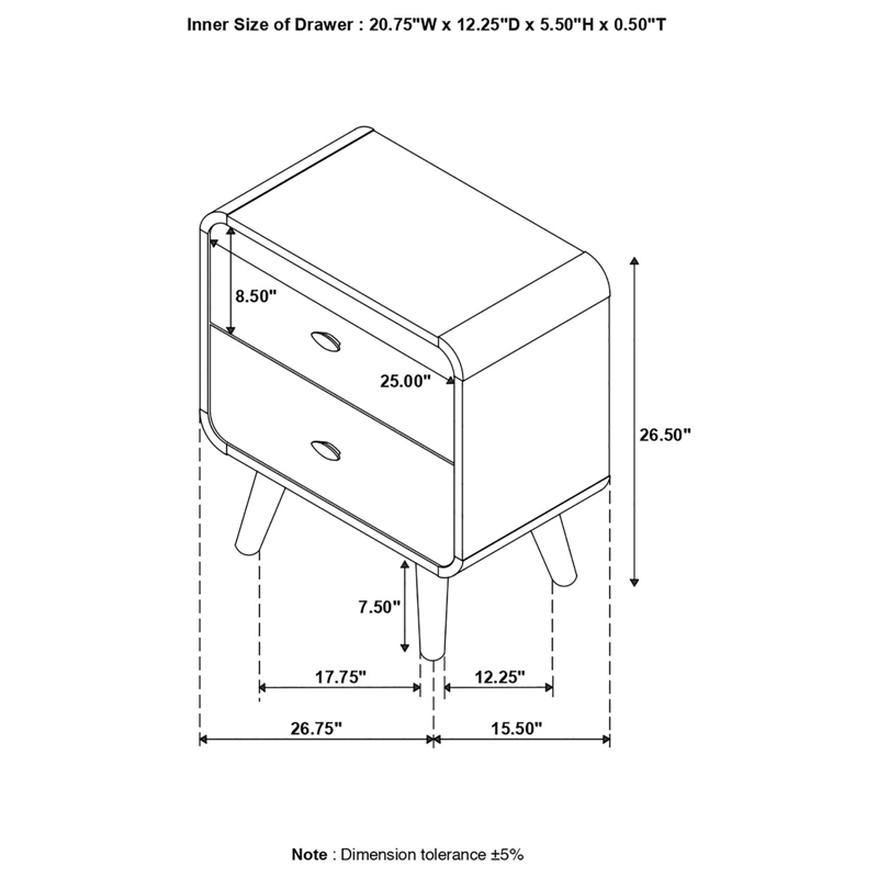 Pemberly Row Mid-Century 2-Drawers Wood Nightstand in Walnut