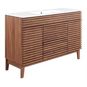 Pemberly Row 48&quot Modern Plastic Single Sink Bathroom Vanity in Walnut/White