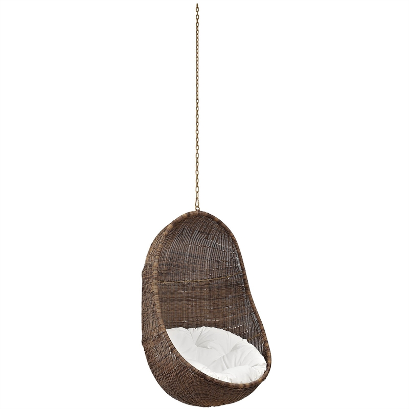 Pemberly Row Steel Fabric Rattan Patio Swing Chair without Stand in Coffee/White