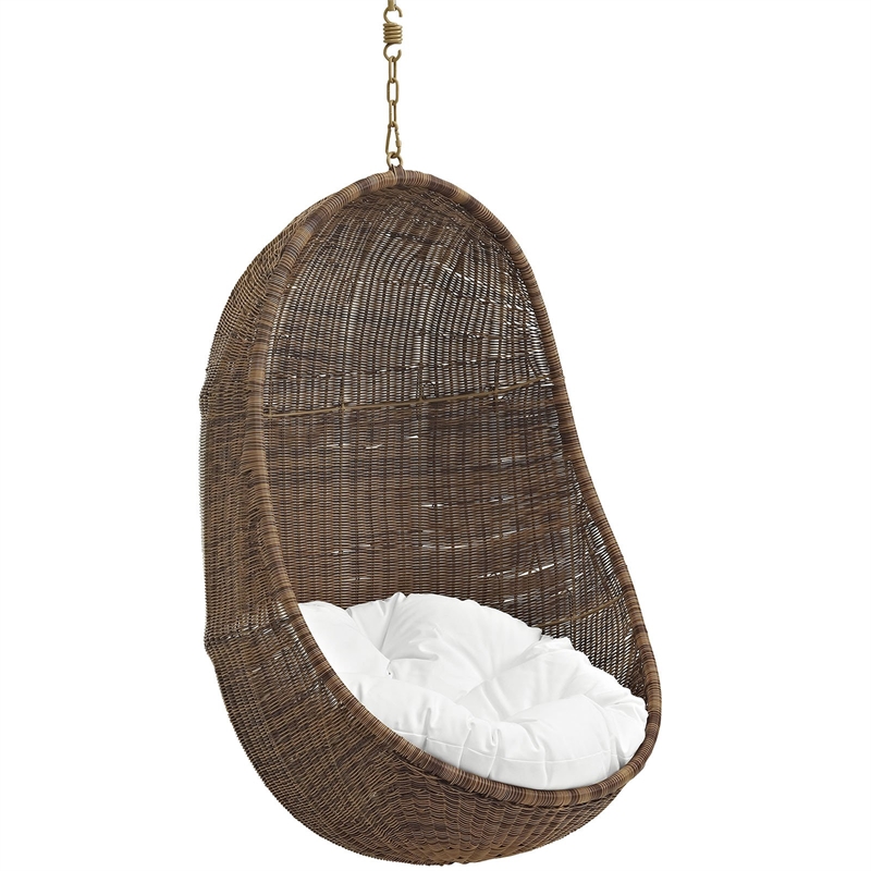 Pemberly Row Steel Fabric Rattan Patio Swing Chair without Stand in Coffee/White