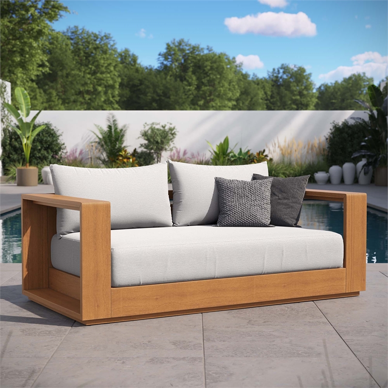 Pemberly Row Outdoor Patio Acacia Wood Loveseat in Natural Light Gray