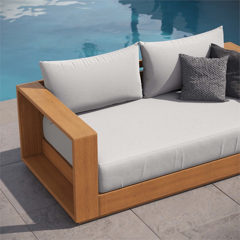 Pemberly Row Outdoor Patio Acacia Wood Loveseat in Natural Light Gray