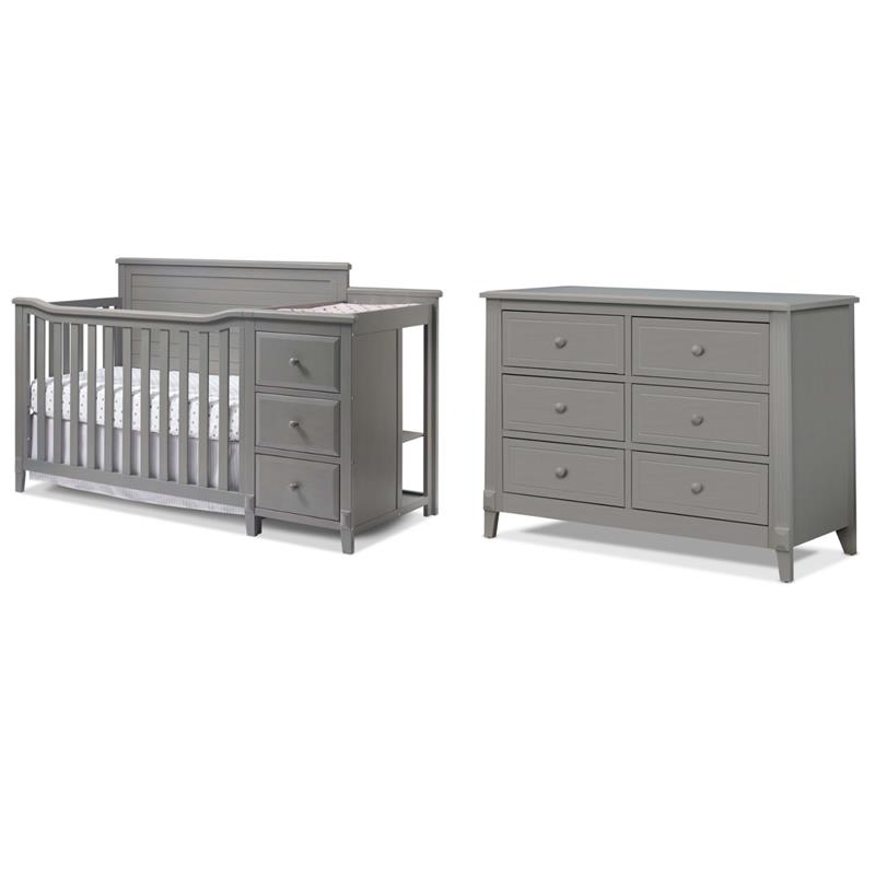 Pemberly Row Set of 2 Double Dresser & Crib and Changer Panel Crib in Gray