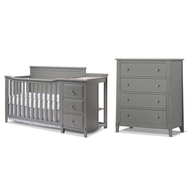 Pemberly Row Set of 2 4-Drawer Chest & Crib and Changer Panel Crib in Gray
