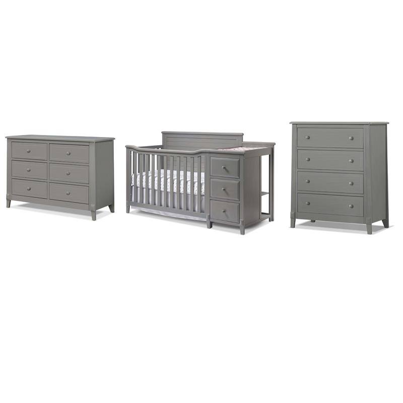Pemberly Row Set of 3 Gray Crib and Changer & 4-Drawer Chest & Double Dresser