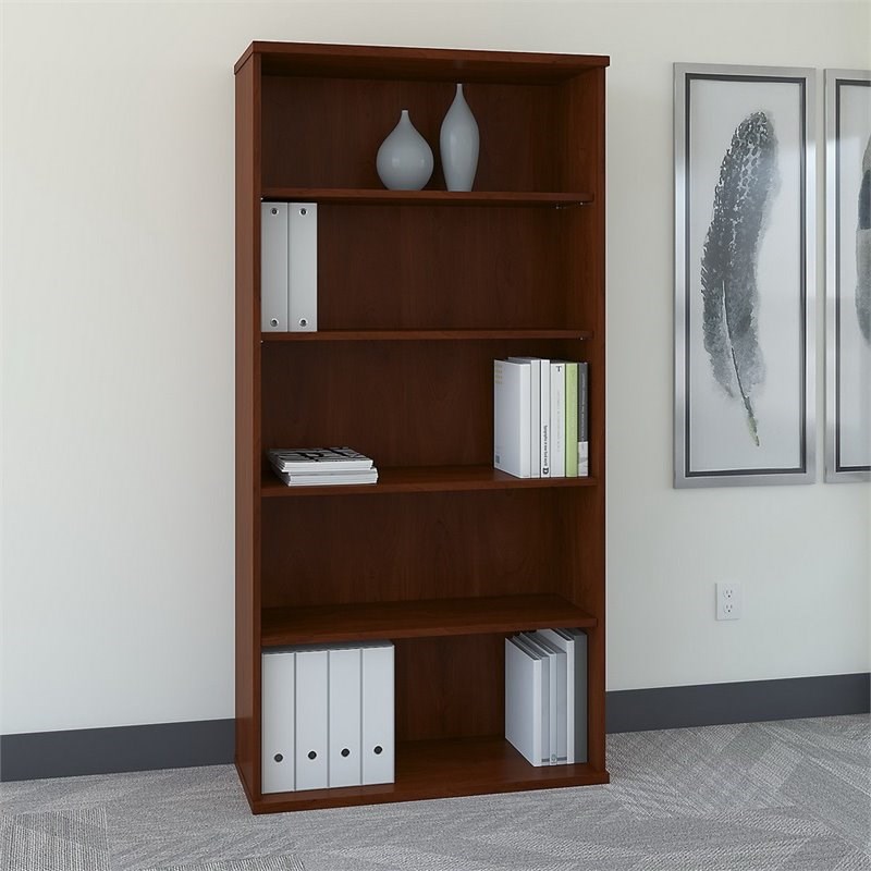 Pemberly Row Set of 2 Engineered Wood 36W 5-Shelf Bookcase in Hansen Cherry
