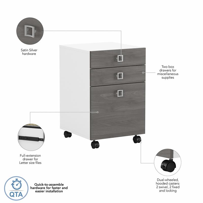 Pemberly Row Set of 2 Bow Front L-Shaped Desk & Mobile File Cabinet - White/Gray