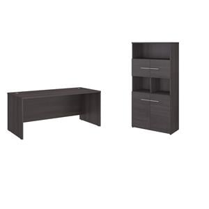 Pemberly Row Set of 2 Office Desk & 5-Shelf Bookcase in Storm Gray