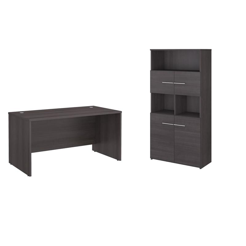 Pemberly Row Set of 2 Office Desk & 5-Shelf Bookcase in Storm Gray