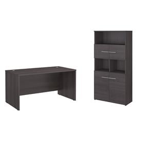 Pemberly Row Set of 2 Office Desk & 5-Shelf Bookcase in Storm Gray
