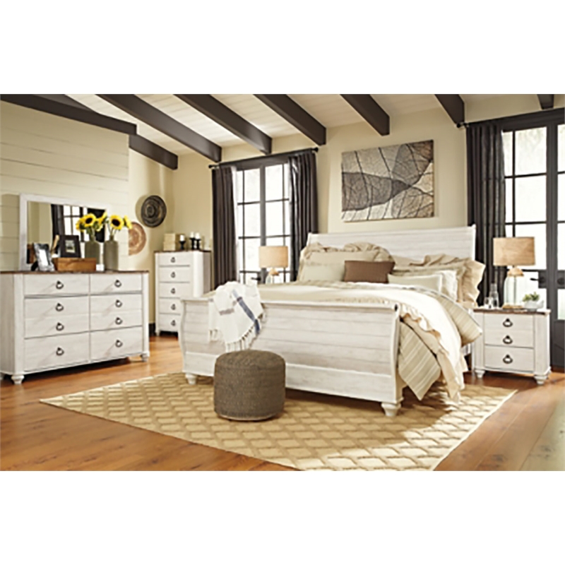 Pemberly Row Set of 3 Queen Panel Bed & 4-Drawer Door Chest & 5-Drawer Chest