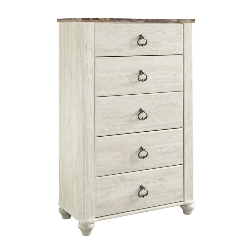 Pemberly Row Set of 2 Queen Panel Bed in Whitewash & 5-Drawer Chest in White